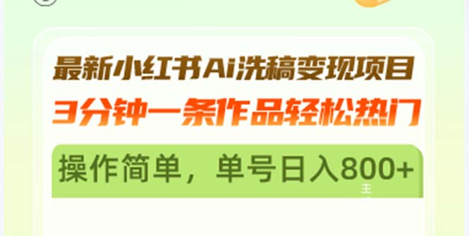 最新小红书Ai洗稿变现项目 3分钟一条作品轻松热门 操作简单，单号日入800+-居居资源网